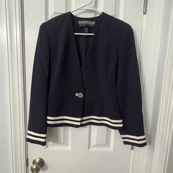 Linda Allard Ellen Tracy Women’s Blazer – Navy Blue with White Trim, Size 6 - Picture 1 of 5